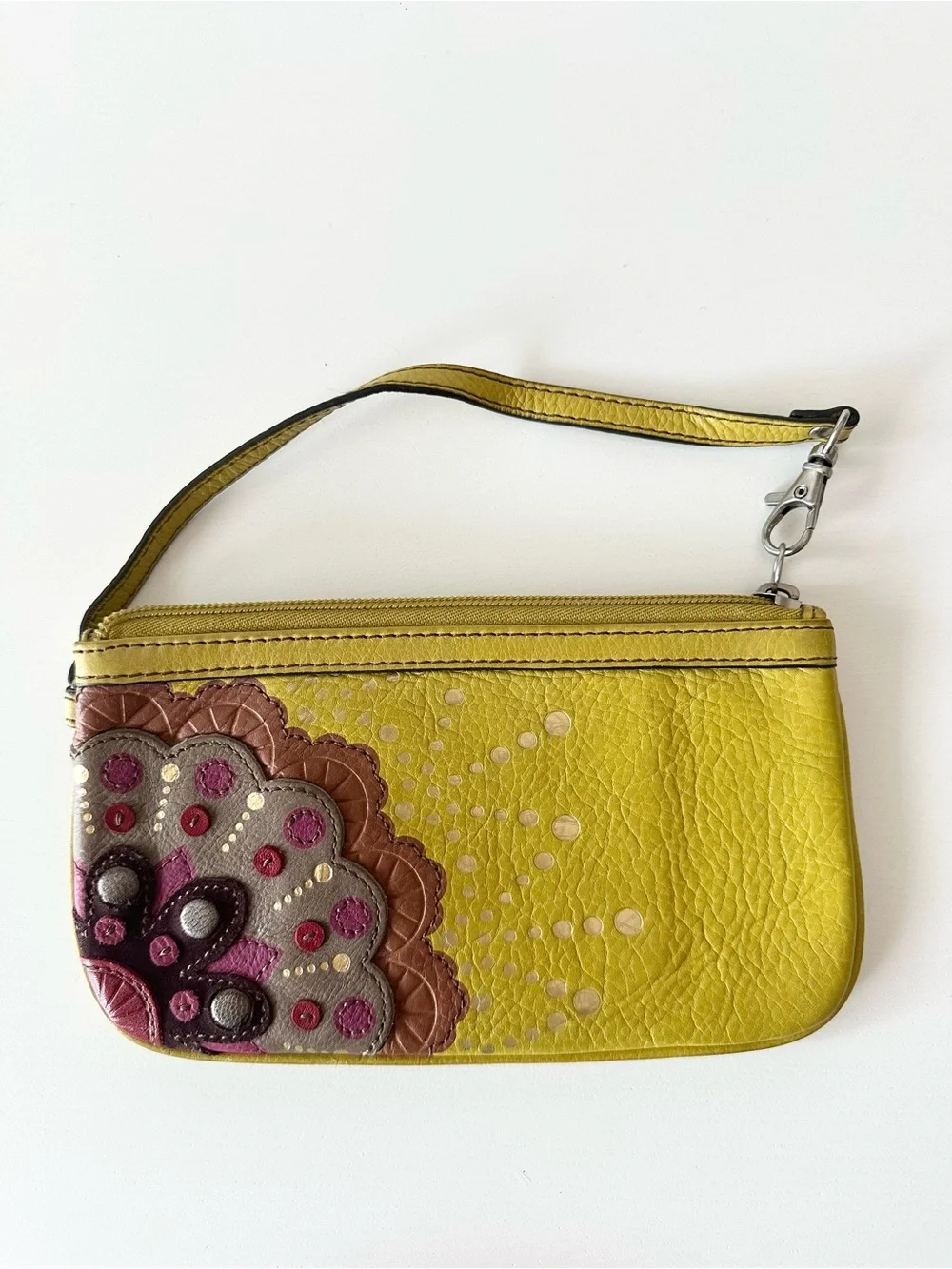 Fossil Chartreuse Leather Wristlet Clutch Applique Boho